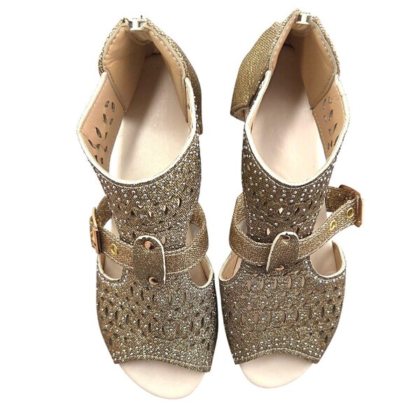 Zapatos De Mujer Gold Glitter Rhinestone Peep Toe Buckle Flat Wedge Sandals US 9 - Picture 8 of 9